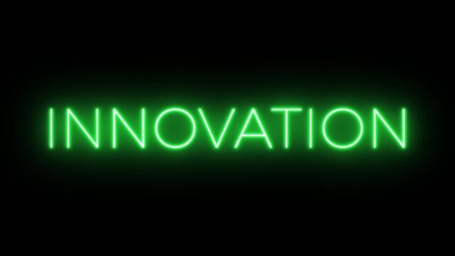 Flickering neon green glowing innovation sign animated black background