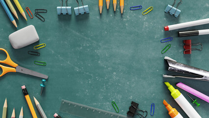 Various stationery background with chalkboard background, 3d rendering
