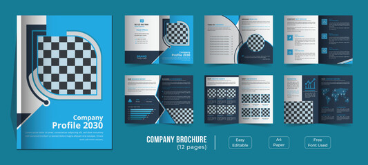 12 pages company profile template design, creative and minimalist bifold business company brochure magazine template design with a modern concept