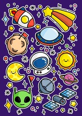 drawing space themed with ufo spaceship planet astronaut meteor satellite dish suitable for sticker