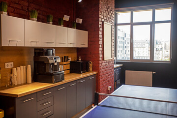 modern stylish corner in the office for snacking. Cozy office interior