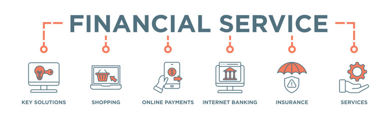 Financial service banner web icon vector illustration concept with icon of key solutions, shopping, online payments, internet banking, insurance and services
