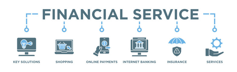 Financial service banner web icon vector illustration concept with icon of key solutions, shopping, online payments, internet banking, insurance and services