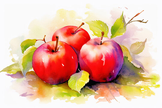 Red apple fruit, watercolor painting, Generative AI