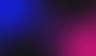Pink blue black illuminated spots on black, grainy color gradient background, noise texture effect, copy space	