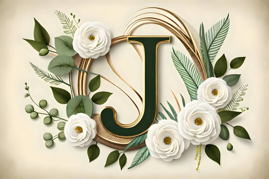 Blooming Letter J: Enchanting Floral Collection - Ivory Blossoms, Gilded Foliage, and Botanical Delights. Perfect for Weddings, Celebrations, and Joyous Occasions. Featuring Roses, Peonies