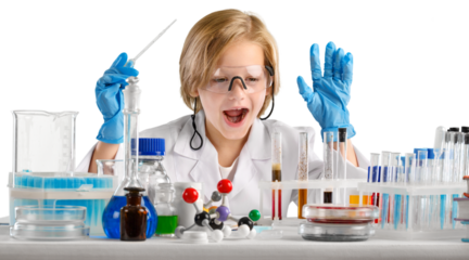 Little child chemistry with water. Science experimental learning concept.