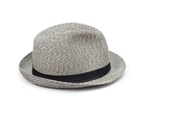 Light gray brim hat with black band, unisex, white background.