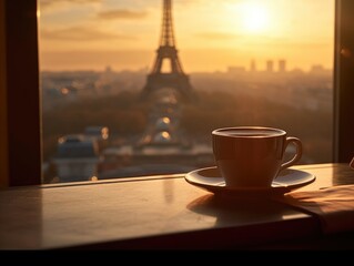 A black cup of coffee by the window in front of the Eiffel Tower in Paris during sunset, in the style of dreamy. Generative AI