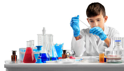 Little child chemistry with water. Science experimental learning concept.