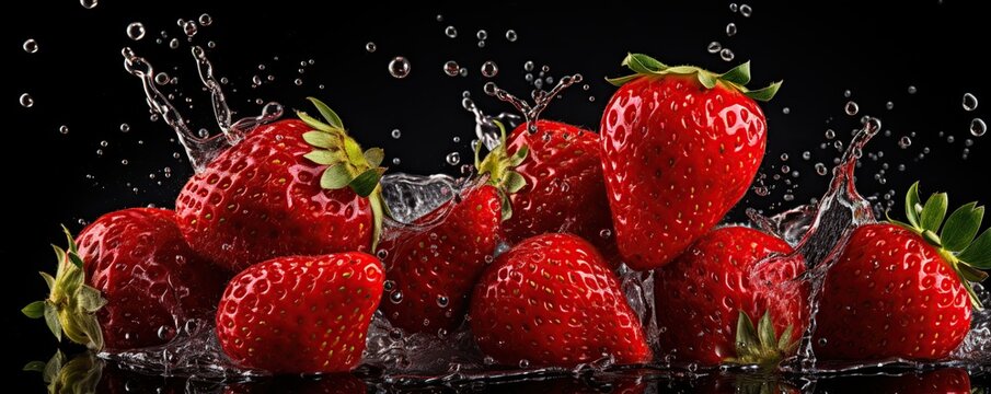 Water Splash On Strawberry On Black Background