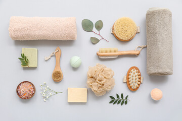Composition with different bath supplies on grey background