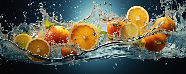 Fototapeta na wymiar Fresh citrus fruits, water splash on blue background.