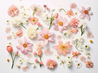 Variety of colorful flowers on a clean white background with leaves and petals scattered around it. Generative AI