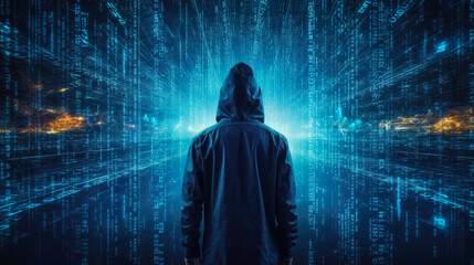 Fototapeta na wymiar Man in hoodies jackets stand with binary code digital interface , Data thief , Created with Generative Ai Technology