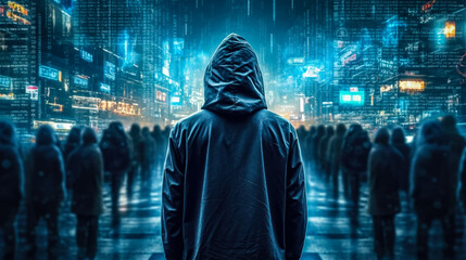 Man in hoodies jackets stand with binary code digital interface , Data thief , Created with Generative Ai Technology