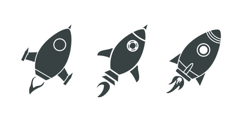 Rocket icon set isolated on white background. Starship launch icon collection. Space rocket launch with fire. Designed in simple flat style. Stock illustration vector.