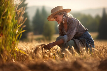 Naklejka na ściany i meble illustration of a Mature woman farmer working on a wheat field in the countryside. Ai generative