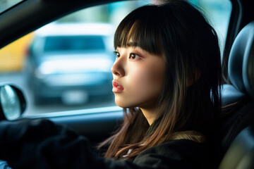 Fototapeta na wymiar 車を運転する若い女性の横顔：AI生成画像