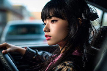 Fototapeta na wymiar 車を運転する若い女性の横顔：AI生成画像