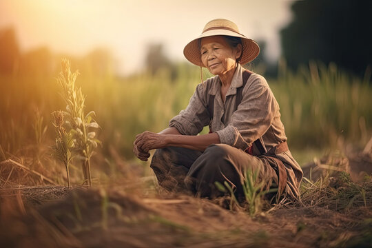 illustration of a Asian senior farmer on rice field, vintage tone and soft focus in the countryside. Ai generative