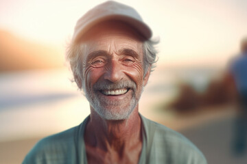 Illustration Portrait of senior man smiling at camera on the beach at sunset . Concept of active senior people. Ai generative