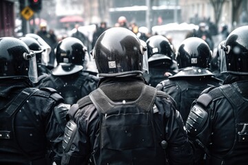 police in full gear on the street. police in hardhats, hard hats and body armor fighting against protests or riots.Generative AI