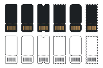 Set of Blank tickets or coupons with barcode, vector templates with copy space isolated on white background. event, airplane, train, circus, sport, football invitation illustration