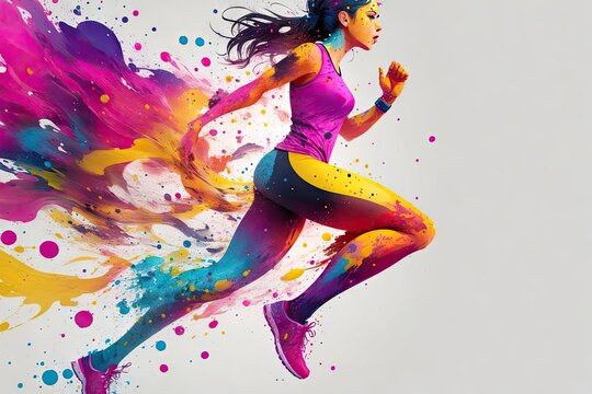 Young woman runner running abstract colorfull splash ink design background, ai generative