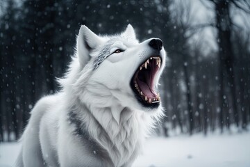 Growling White Wolf in the Snow background, ai generative
