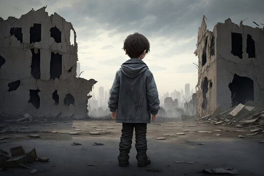a child stands in a city destroyed by hostilities, ai generative