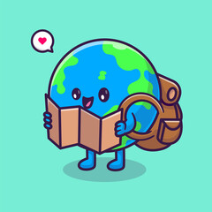 Cute Earth Globe Backpacker Holding Map Cartoon Vector
Icon Illustration. Nature Travel Icon Concept Isolated 
Premium Vector. Flat Cartoon Style