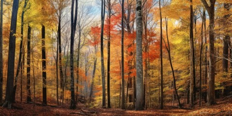 a grove on a sunny autumn day, a beautiful landscape through the foliage and tree trunks. Generative AI