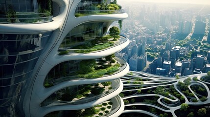 Futuristic skyscraper with sustainable environment design, lush vertical gardens, and soaring glass facade,