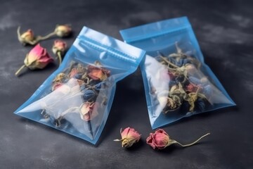 Two blue plastic tea bag sachets or envelopes with dry roses. Generative AI.