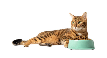 A cat on a transparent background eats food from a bowl