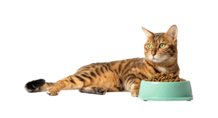 A cat on a transparent background eats food from a bowl