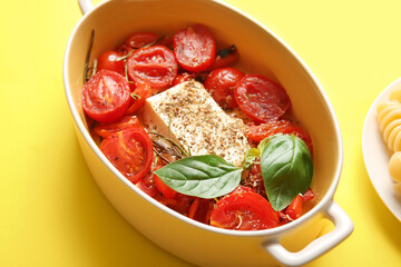 Baking dish with tasty tomatoes and feta cheese on yellow background