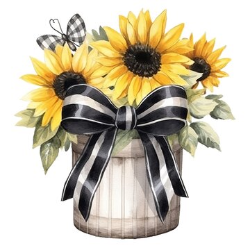 Watercolor Sunflower backet with black and white bow