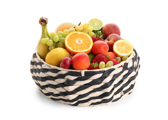 Bowl with different fresh fruits on white background