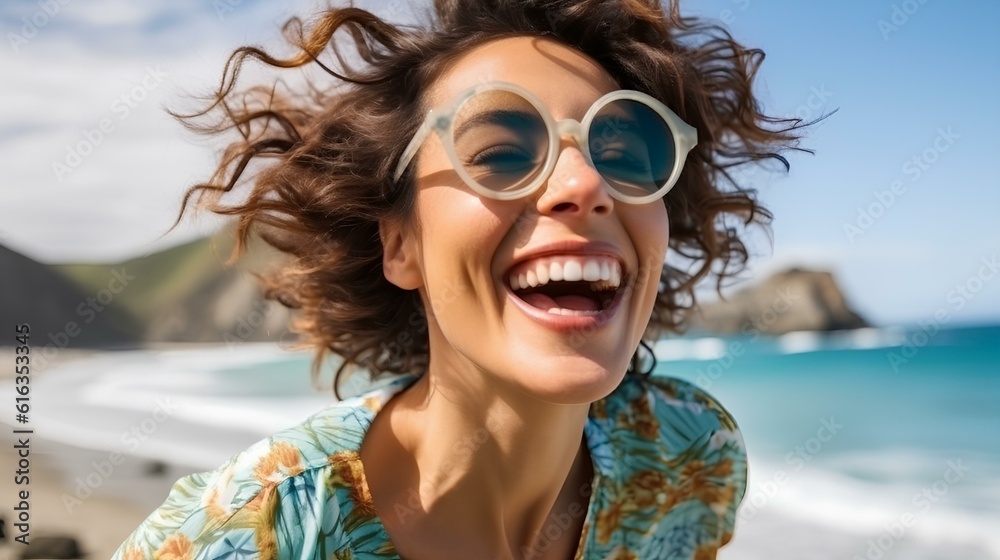 Wall mural blissful woman with sunglasses on a beach vacation, smiling broadly with joy and gratitude. generati