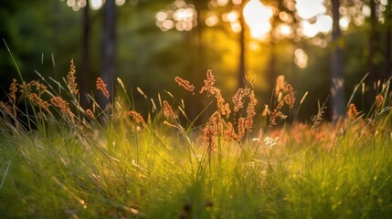 Wild grass in the forest at sunset