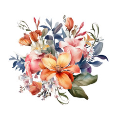 Fototapeta na wymiar bouquet of flowers watercolor isolated on transparent background cutout