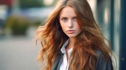 Obraz premium portrait of attractive woman in the city, made with Generative AI