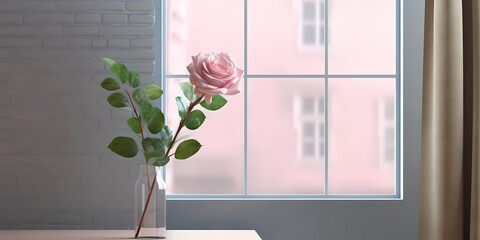 Wood window and rose plant flower on table with sun light copy space blurred background, AI Generated
