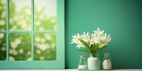White Tuberose flower and window with sun light copy space blurred green wall background, AI Generated