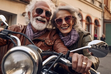 Fototapeta na wymiar Illustration Cheerful senior couple in sunglasses sitting on vintage motorcycle and smiling at camera, ai generative