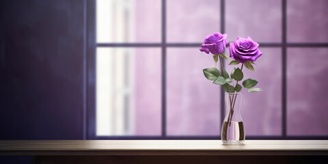 White rose flower and window with sun light copy space blurred background, AI Generated