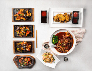 Top view on assorted variety of asian chinese food table