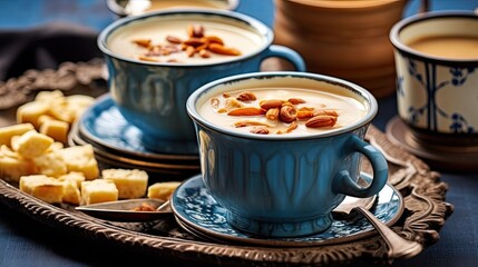 Close up of Burmese milk tea on beautiful classic blue cups